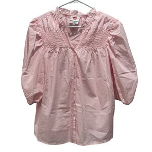 Hester & Orchard New York Pink Smocked Ruffled Neck Puff Sleeve Blouse Size L